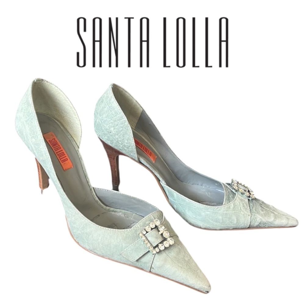 Mint Pointed-Toe Crystal Buckle Heels